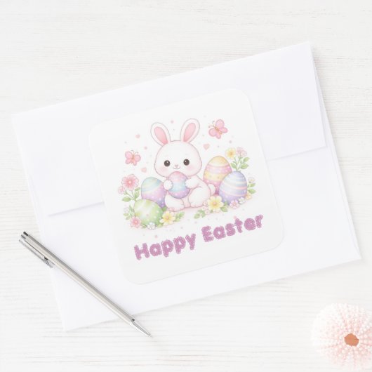 Happy Easter Spring Design - Cute Easter Bunny  スクエアシール (封筒)