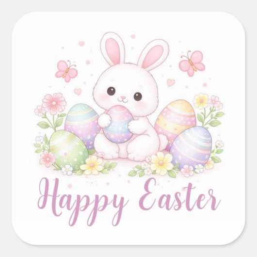 Happy Easter Spring Design - Cute Easter Bunny  スクエアシール (正面)
