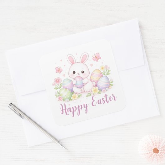Happy Easter Spring Design - Cute Easter Bunny  スクエアシール (封筒)