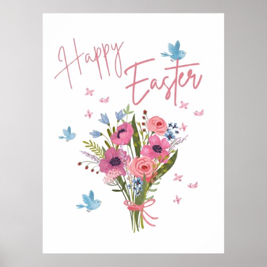 Happy Easter Spring Floral Bouquet & Blue Birds ポスター (正面)