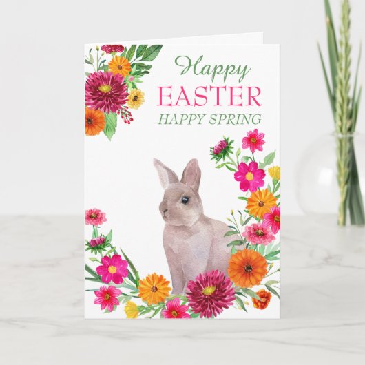 Happy Easter Spring Floral Wreath Bunny シーズンカード (正面)