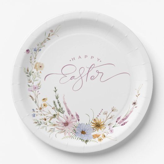 Happy Easter Spring Flower Wreath ペーパープレート (正面)