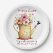 Happy Easter Spring Pink and Yellow Flowers ペーパープレート (正面)