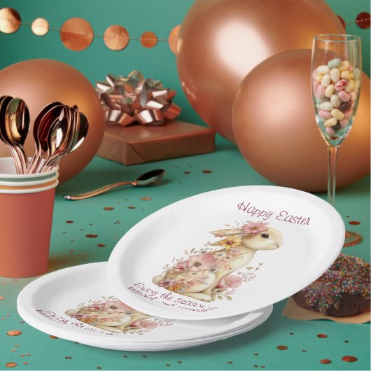 Happy Easter Spring Pink and Yellow Flowers Bunny ペーパープレート (複数)