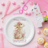 Happy Easter Spring Pink and Yellow Flowers Bunny ペーパープレート (パーティー)