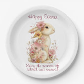 Happy Easter Spring Pink and Yellow Flowers Bunny ペーパープレート (正面)