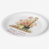 Happy Easter Spring Pink and Yellow Flowers Spade ペーパープレート (アングル)