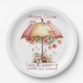 Happy Easter Spring Pink and Yellow Flowers Umbrel ペーパープレート (正面)