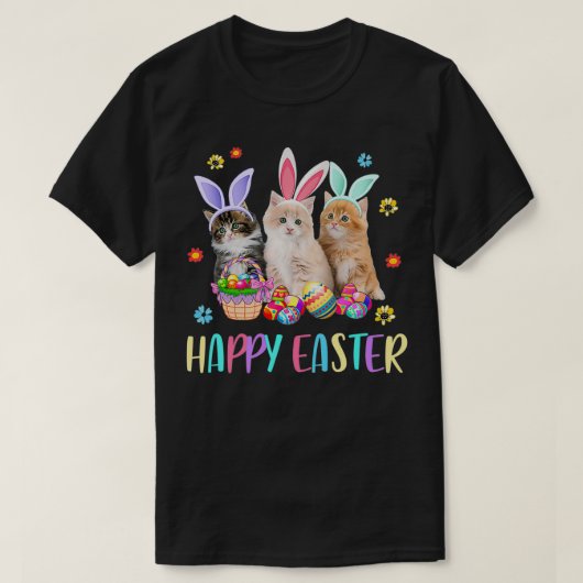 Happy Easter Three Cat Wearing Bunny Ear Kitty Kit Tシャツ (デザイン正面)