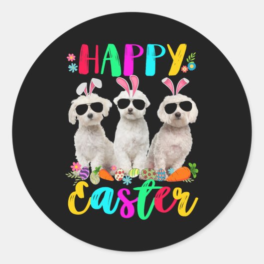 Happy Easter Three Maltese Wearing Bunny Ears ラウンドシール (正面)