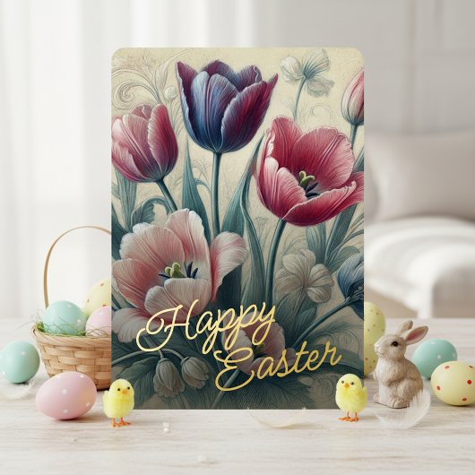 Happy Easter Tulip Floral Gold Foil Card 箔シーズンカード