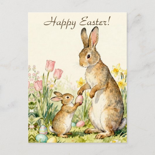 Happy Easter Vintage Bunnies with Painted Eggs ポストカード (正面)