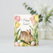 Happy Easter Vintage Bunny Eggs & Spring Flowers ポストカード (スタンド正面)