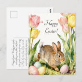 Happy Easter Vintage Bunny Eggs & Spring Flowers ポストカード (正面/裏面)