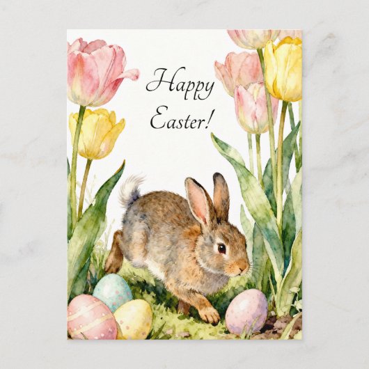 Happy Easter Vintage Bunny Eggs & Spring Flowers ポストカード (正面)
