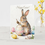 Happy Easter Vintage Bunny Painting an Egg カード (黄色い花)