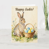 Happy Easter Vintage Bunny with Egg Basket カード (正面)