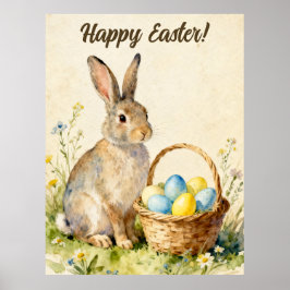 Happy Easter Vintage Bunny with Egg Basket ポスター