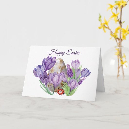 Happy Easter Watercolor Purple Crocus Flowers カード (黄色い花)