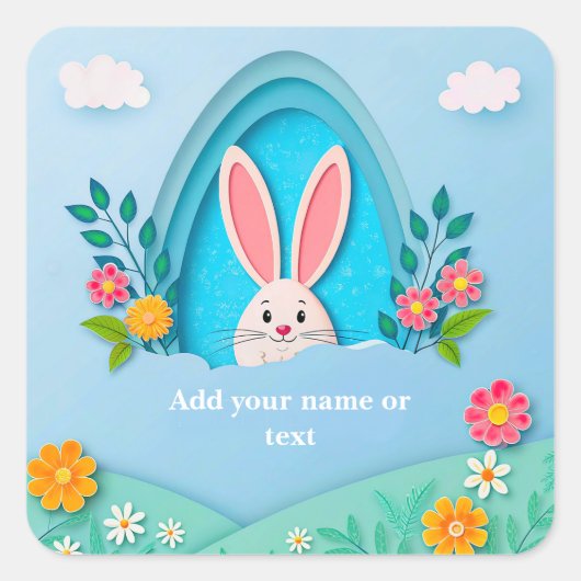 Happy Easter | Whimsical Easter Bunny and Floral スクエアシール (正面)