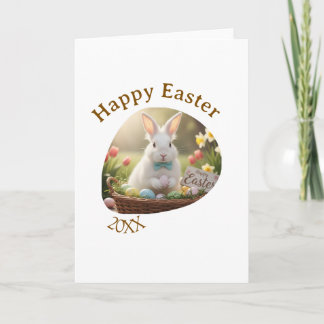 Happy Easter white bunny year photo family name  カード