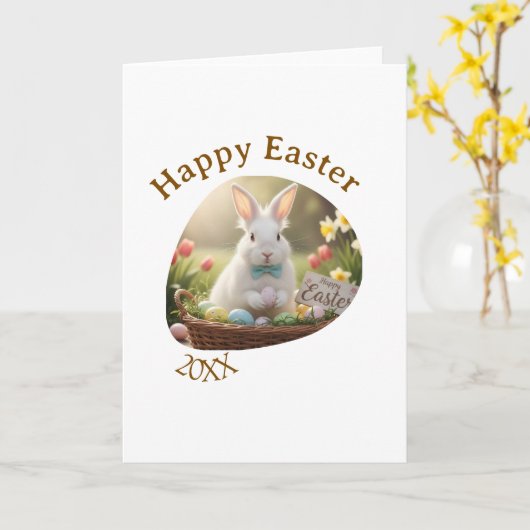 Happy Easter white bunny year photo family name  カード (黄色い花)