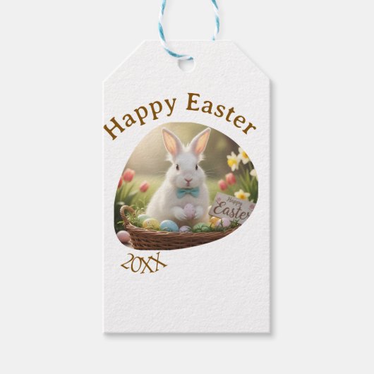 Happy Easter white bunny year photo family name  ギフトタグ (正面)