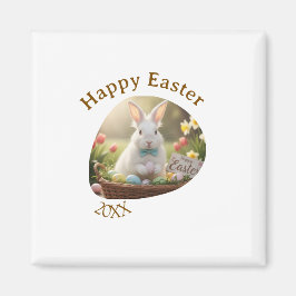 Happy Easter white bunny year photo family name  マグネット