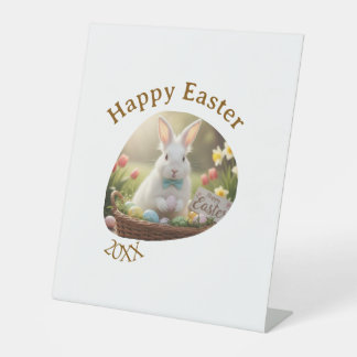 Happy Easter white bunny year photo family name  台座サイン