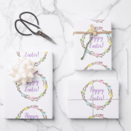 Happy Easter Willow Wreath With Pastel Eggs ラッピングペーパーシート