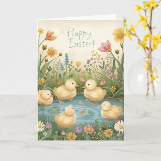Happy easter with baby ducks カード (黄色い花)