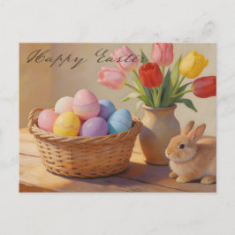 Happy Easter with Colorful Eggs and Tulips ポストカード