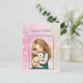 Happy Easter with Cute Girl and Bunny Card シーズンポストカード (スタンド正面)