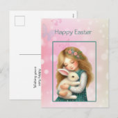 Happy Easter with Cute Girl and Bunny Card シーズンポストカード (正面/裏面)