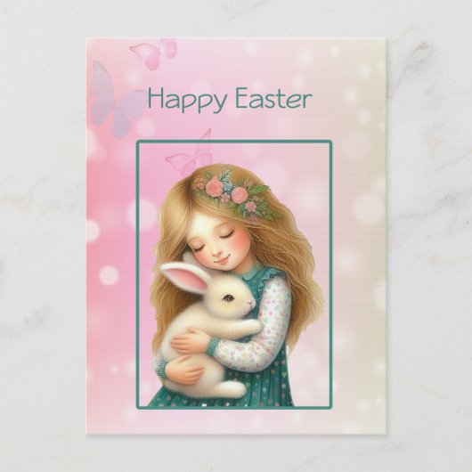 Happy Easter with Cute Girl and Bunny Card シーズンポストカード (正面)