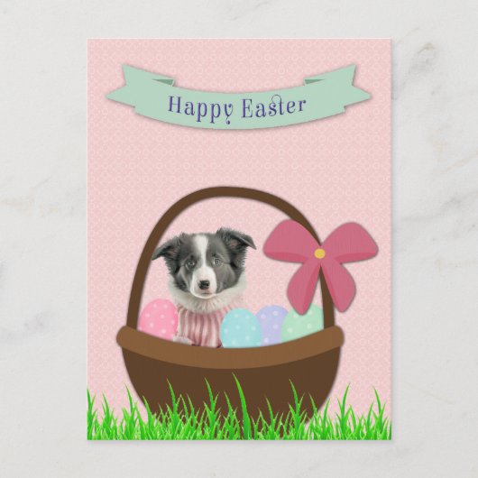 Happy Easter with Dog in Easter Basket Postcard シーズンポストカード (正面)