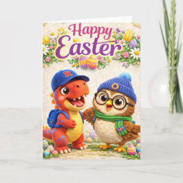 Happy Easter with Rex and cute dinosaur and owl sp カード