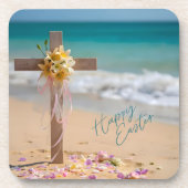 Happy Easter Wooden Cross and Lilies on Beach コースター (正面)