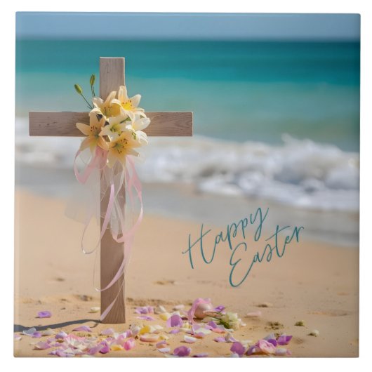 Happy Easter Wooden Cross and Lilies on Beach タイル (正面)
