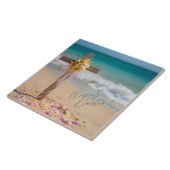 Happy Easter Wooden Cross and Lilies on Beach タイル (側面)