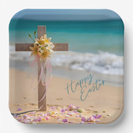 Happy Easter Wooden Cross and Lilies on Beach ペーパープレート