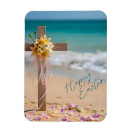 Happy Easter Wooden Cross and Lilies on Beach マグネット