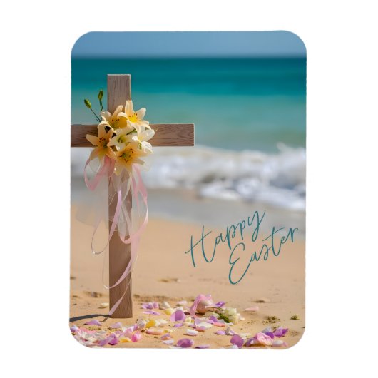 Happy Easter Wooden Cross and Lilies on Beach マグネット (縦)