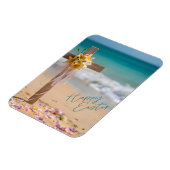 Happy Easter Wooden Cross and Lilies on Beach マグネット (左側)