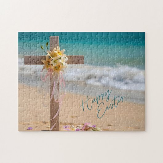 Happy Easter Wooden Cross with Lilies on Beach ジグソーパズル (横)