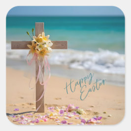 Happy Easter Wooden Cross with Lilies on Beach スクエアシール