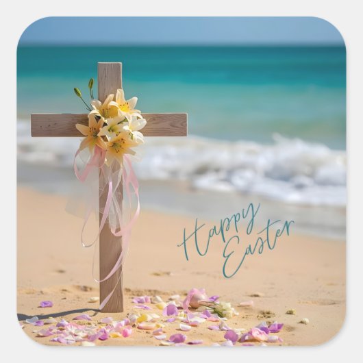 Happy Easter Wooden Cross with Lilies on Beach スクエアシール (正面)