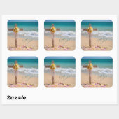 Happy Easter Wooden Cross with Lilies on Beach スクエアシール (シート)