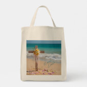 Happy Easter Wooden Cross with Lilies on Beach トートバッグ (裏面)
