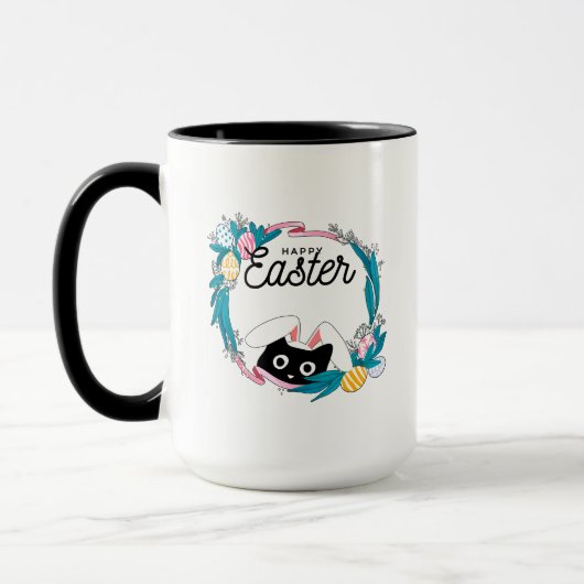 Happy Easter Wreath, Black Cat with bunny ears マグカップ (左)